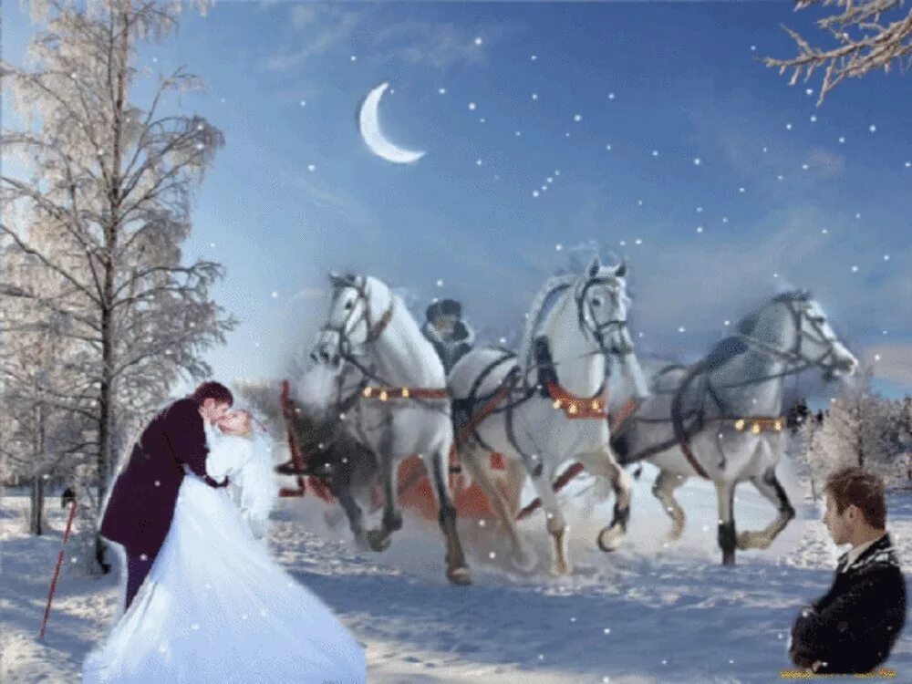 Тройка лошадей на снегу. В лунном сиянии снег серебрится. Лошадь в санях зимой. Фотосессия с лошадью зимой.
