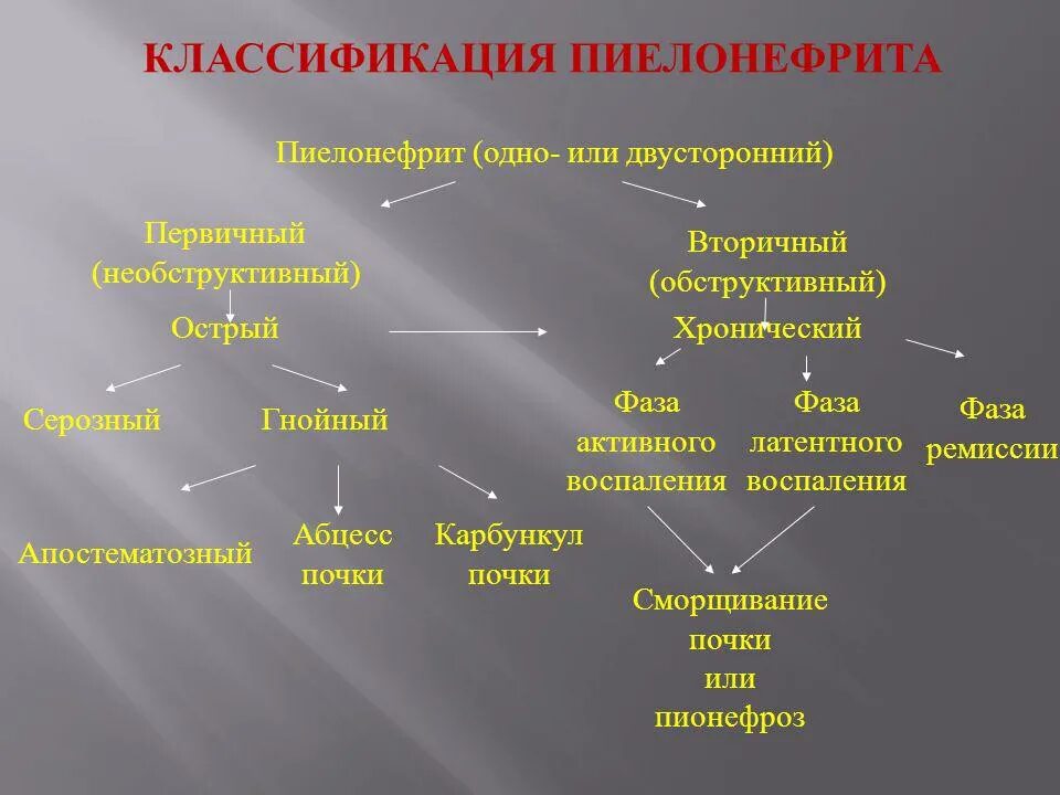 Классификация пиелонефрита. Хронический пиелонефрит классификация. Острый пиелонефрит классификация. Обструктивный и необструктивный пиелонефрит. Периоды пиелонефрита