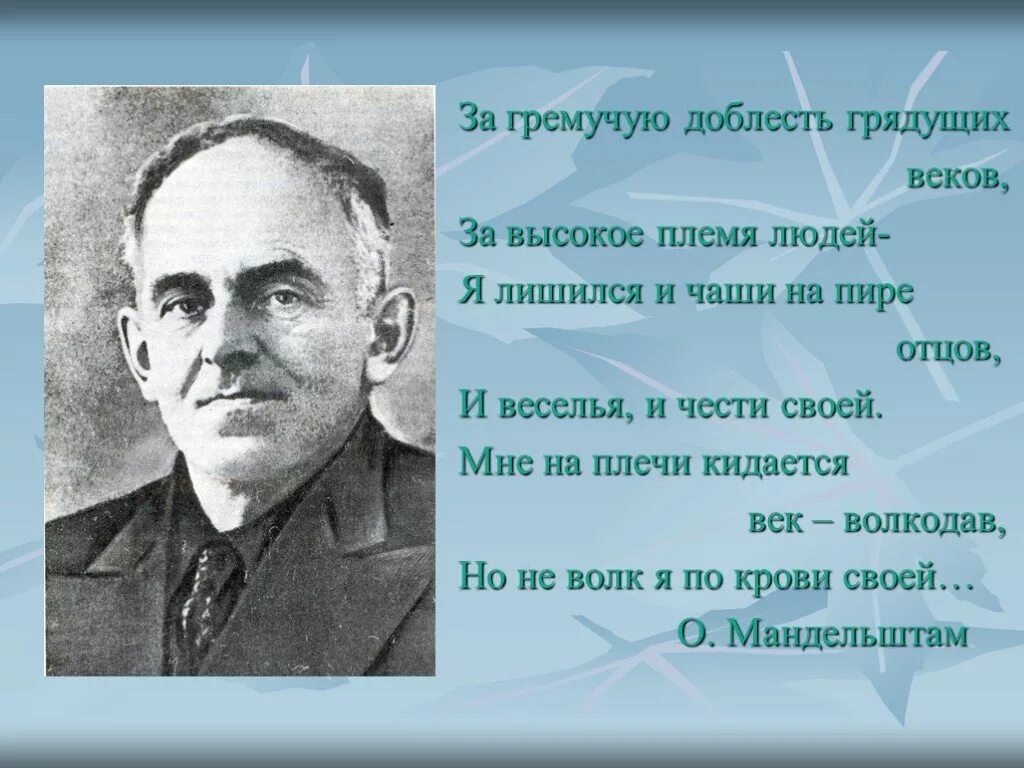 Доблесть грядущих веков Мандельштам. За гремучую доблесть грядущих веков Мандельштам. Мне на плечи кидается век-волкодав Мандельштам. Век волкодав Мандельштам.