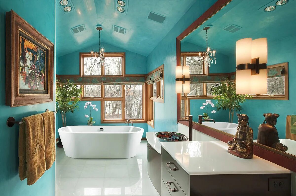 Ванная комната. Ванная в бирюзовых тонах. Ванная в бирюзовом цвете. Яркий интерьер ванной комнаты.