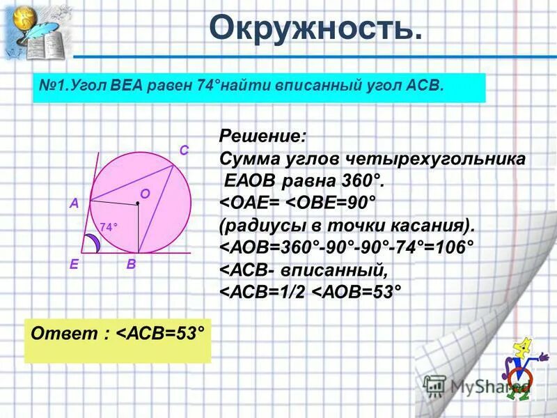 Сумма углов любого четырехугольника равна 360. Вписанный угол окружности. углы вписанного четырехугольника в окружность. прямой угол в окружности. прямые углы в окружности.
