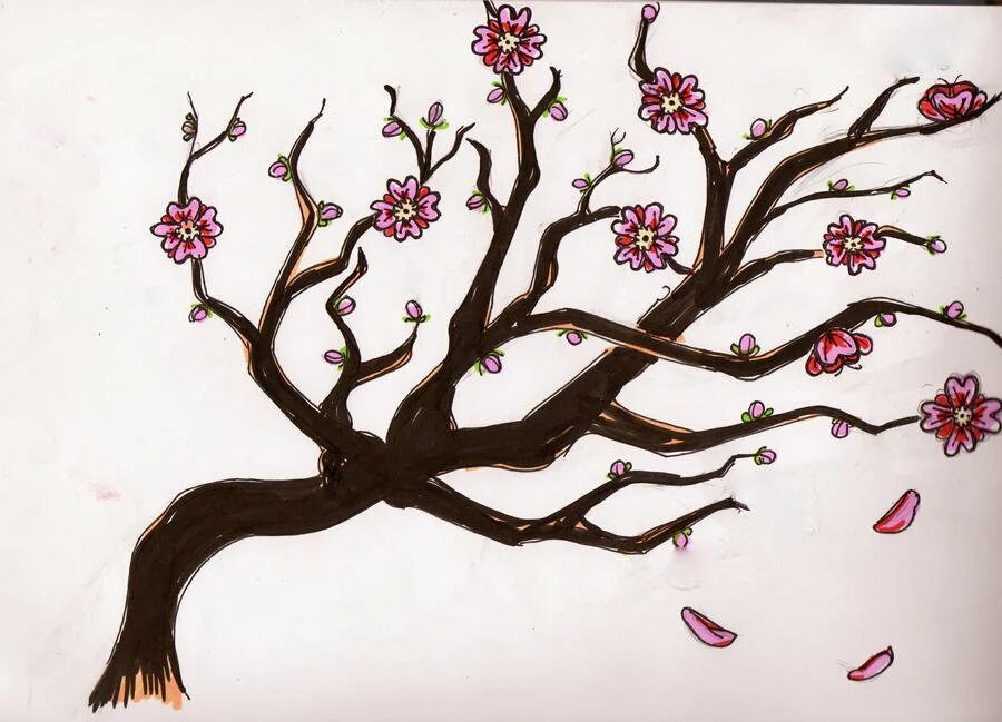 Сакура поэтапно. Рисование дерева Сакуры. Сакура рисунок. Дерево Сакура карандашом. Сакура дерево рисунок карандашом.