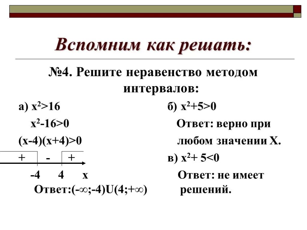 Решение неравенств методом интервалов 8 класс. Алгоритм решения неравенств 8 класс Алгебра. Решение неравенств методом интервалов х^2. Решением квадратного неравенства 16-х2 0. Неравенство 8х 3 х 9 9