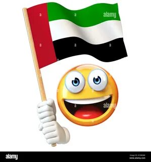 Emoji holding United Arab Emirates flag, emoticon waving national flag 3d render