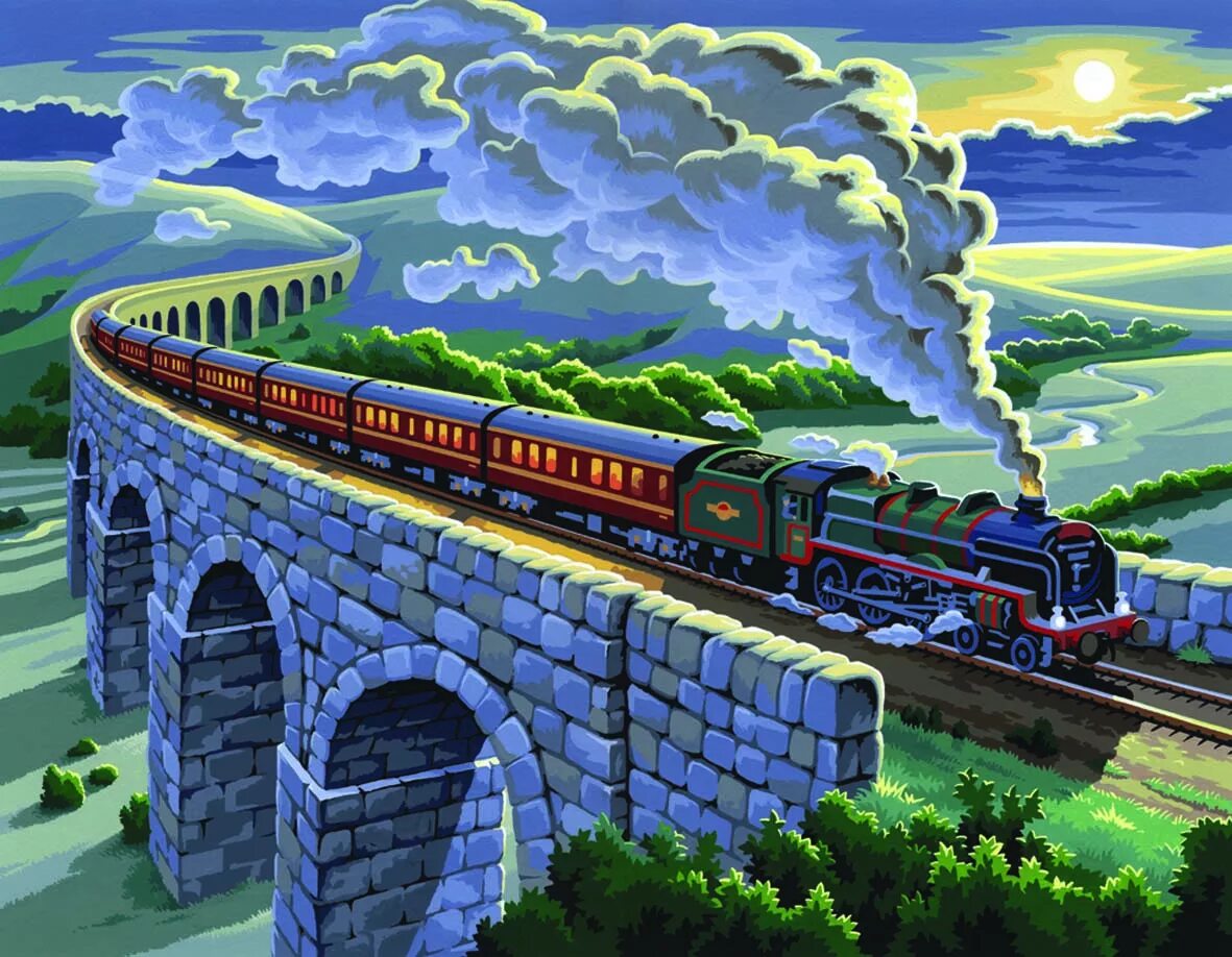 Железные дороги 3 класс. Пейзаж с железной дорогой. Пейзаж с поездом. Картина железная дорога. Сказочный поезд.