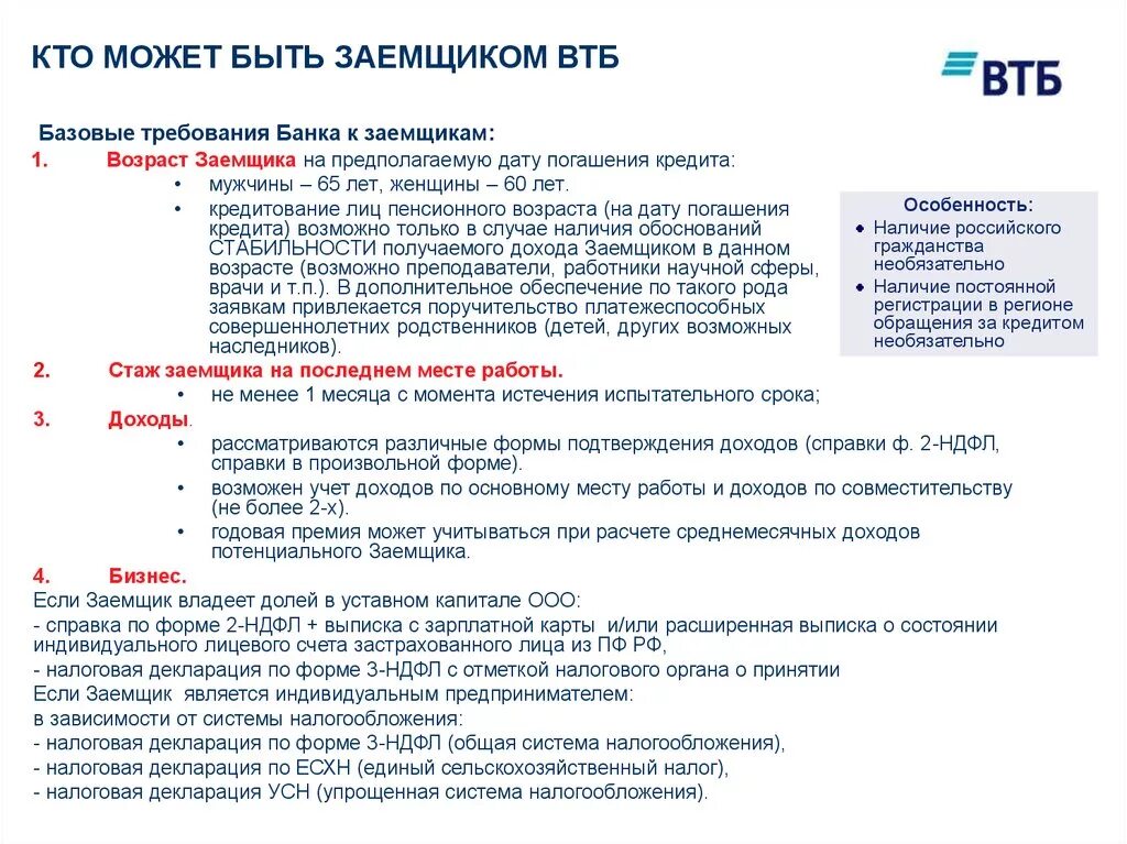 Как проходит сделка по ипотеке в втб. Требования к заемщику по ипотеке ВТБ. ВТБ требования к заемщику Возраст. Требования банка к заемщику. Памятка заемщика.