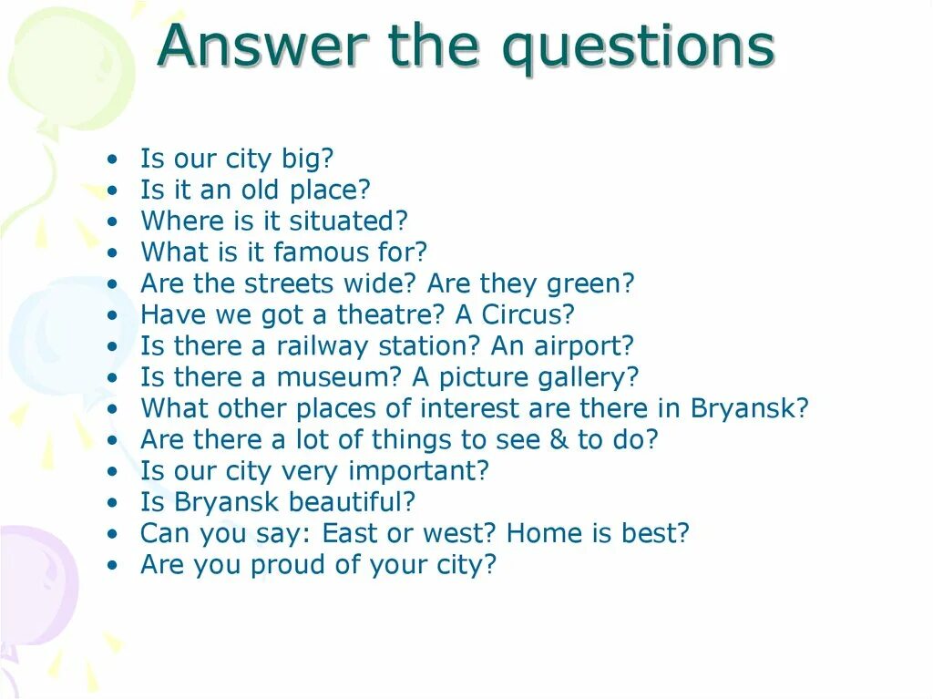 Where is the situated ответ. Answer the questions ответы. Answer the questions picture. Картинка для детей answer the questions. Questions about City.