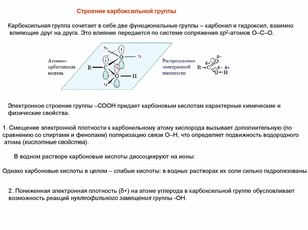 Строение карбоксильной группы. Электронное строение карбоксильной группы и карбоксилат-Иона. Электронное строение строение карбоксильной группы. Распределение электронной плотности в карбоксильной группе.