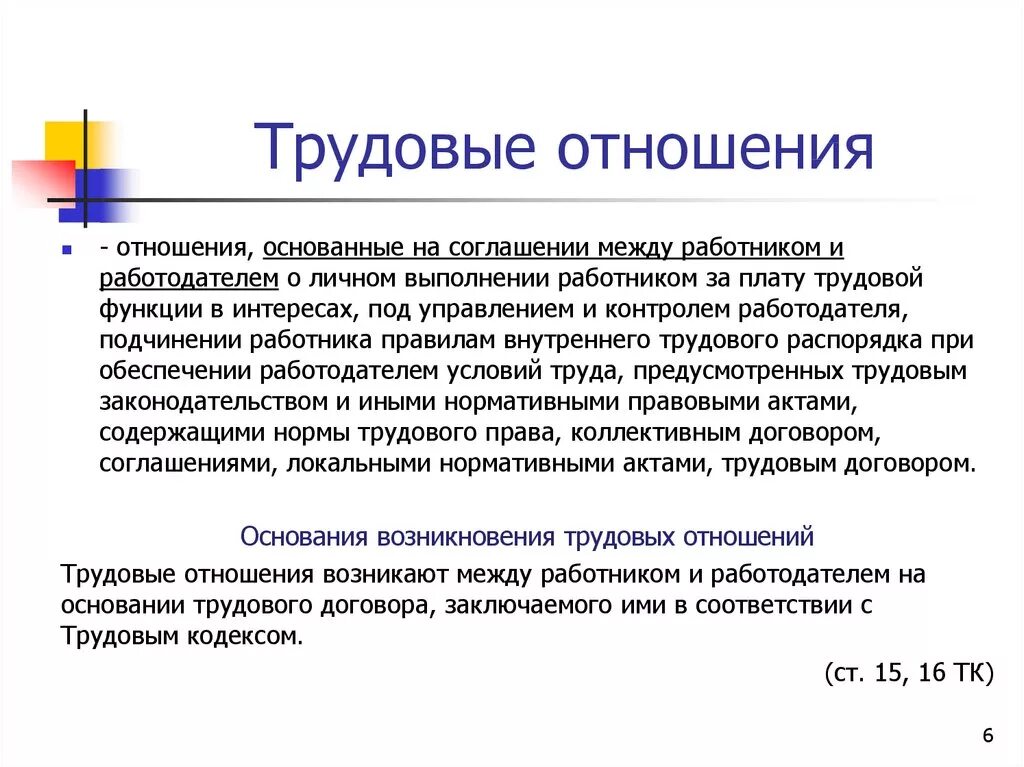 Трудовые отношения. Основы трудовых правоотношений. Стороны возникновения трудовых отношений. Трудовые отношения возникают на основе.