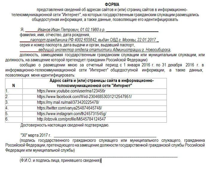 Форма предоставления сведений об адресах сайтов госслужащих 2021. Образец справки о соц.сетях. Сведения о соц сетях для госслужащих форма. Форма представления сведений.