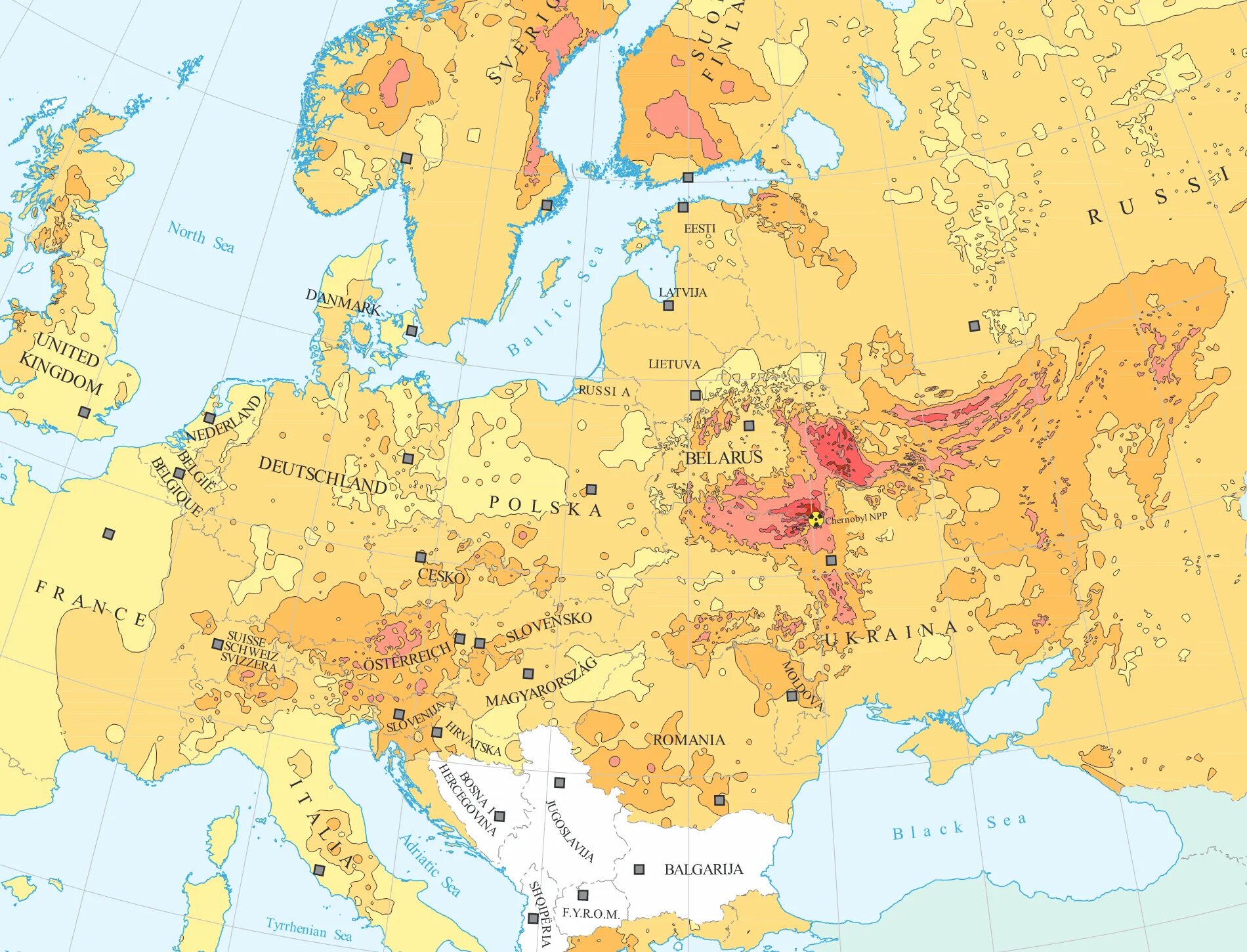 Зоны загрязнения чернобыльской аэс. Карта загрязнения Чернобыльской АЭС. Атлас загрязнения Европы цезием после Чернобыльской аварии. Зона заражения Чернобыльской АЭС. След заражения от Чернобыльской АЭС на карте.