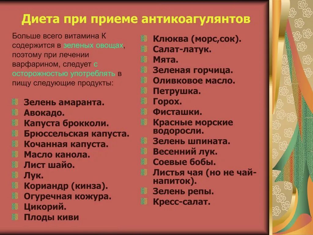 Продукты запрещенные при приеме варфарина список