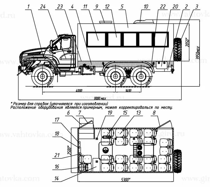 Схема урал 4320. Урал 3255 габариты. Вахтовка чертеж вахтовка» на шасси Урал-4320. КАМАЗ НЕФАЗ-4208-28 крепление будки схема. Урал 32552 чертеж.