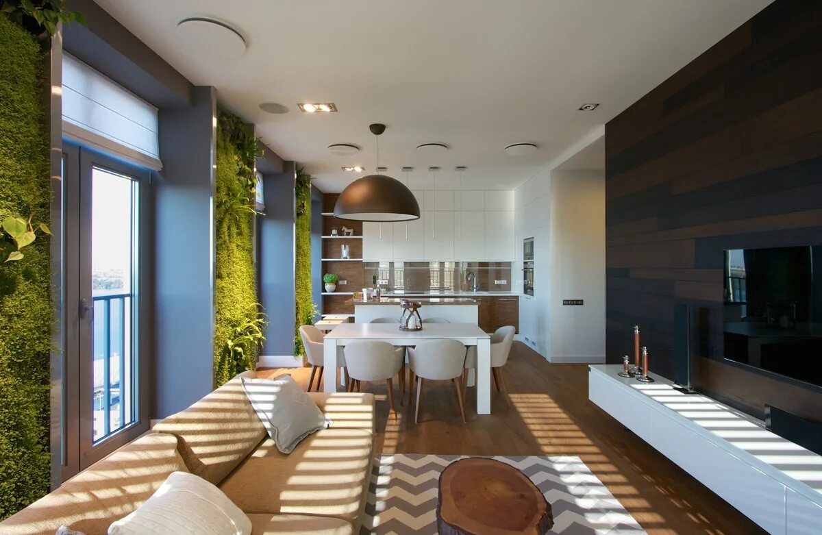 Современная квартира. Жилой интерьер. Интерьер квартиры. Современная кухня-гостиная с панорамными окнами. Красивый интерьер.