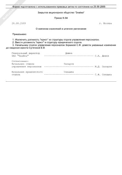 Исключение из штатного расписания. Исключение из штатного расписания