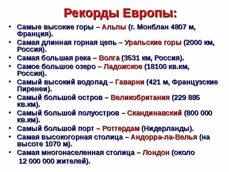 Самое самое европы. Самые высокие горы Европы список. Горы Европы таблица. Рекорды Европы. Географические рекорды Европы.