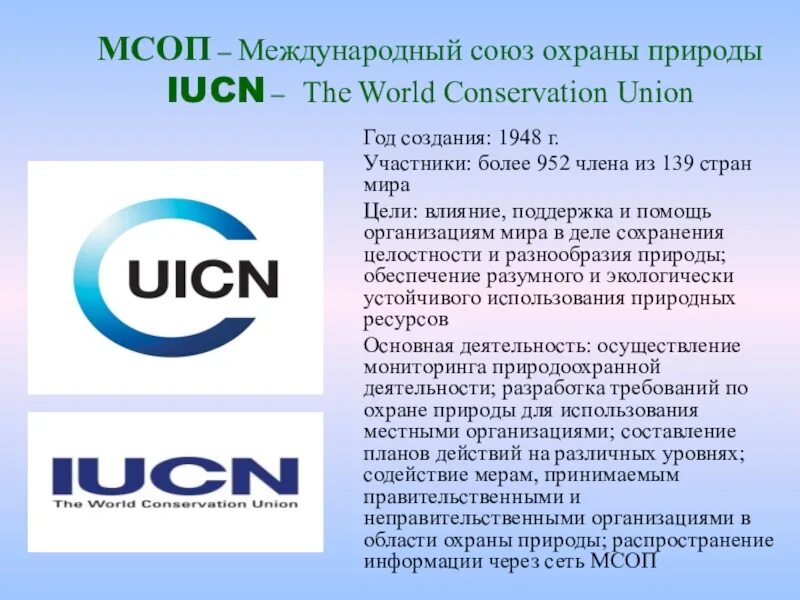 Международный Союз по охране природы и природных ресурсов. Международный Союз охраны природы 1948. Всемирный Союз охраны природы (МСОП). МСОП эмблема. Когда был создан союз охраны природы
