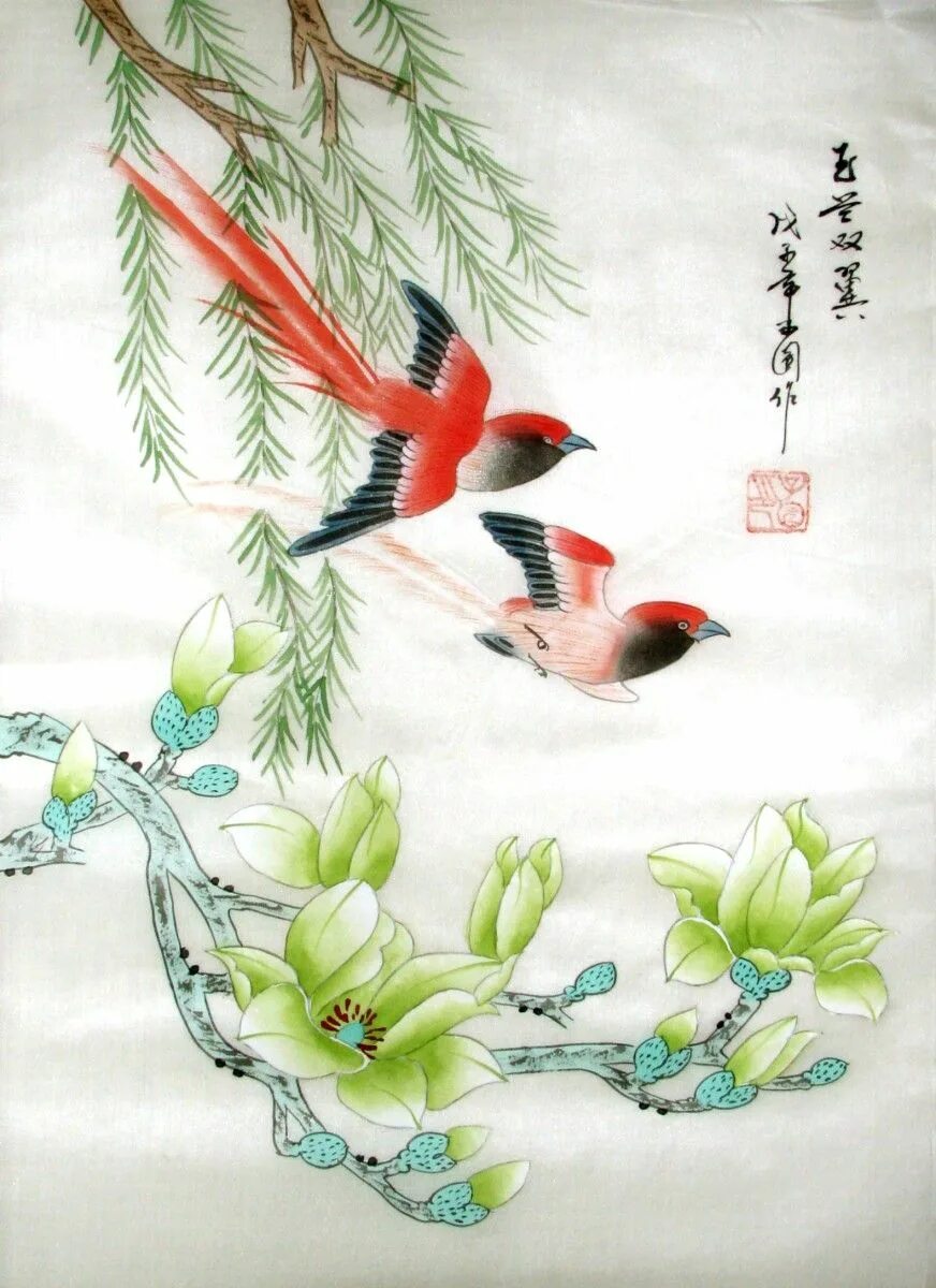 Включи птичка на китайском. Китайская живопись Хуа Няо. Птицы в японском стиле. Роспись в японском стиле. Японская живопись по шелку.