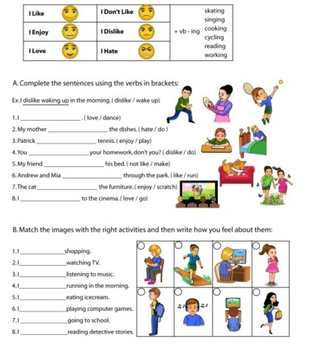 Like expression. Задания like + ing. Like Dislike упражнения. Like ing Worksheets for Kids. Love like hate Worksheets.