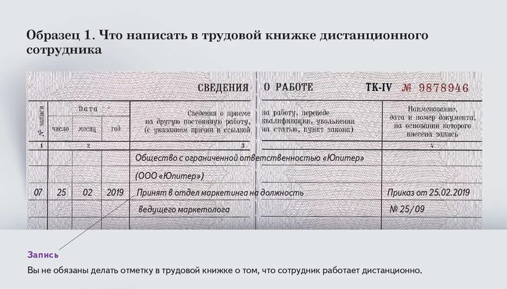 Запись в трудовой образец. Записи в трудовой книжке образцы. Запись в трудовой книжке дистанционного работника. Образец записи в трудовой книги.