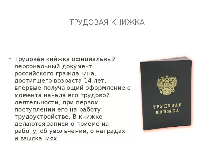 Что такое трудовая книжка обществознание. Трудовая книжка. Трудовая книжка презентация. Слайд про трудовую книжку. Трудовая книжка в 14 лет.