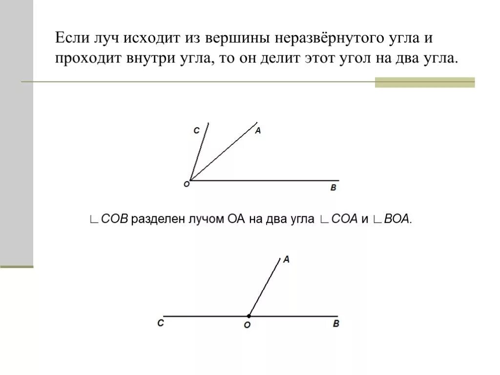 От любого луча в заданную сторону. Неразвернутый угол. Луч исходящий из вершины угла. Луч делит угол на два угла если. Про угол, разделенный лучом на два угла.