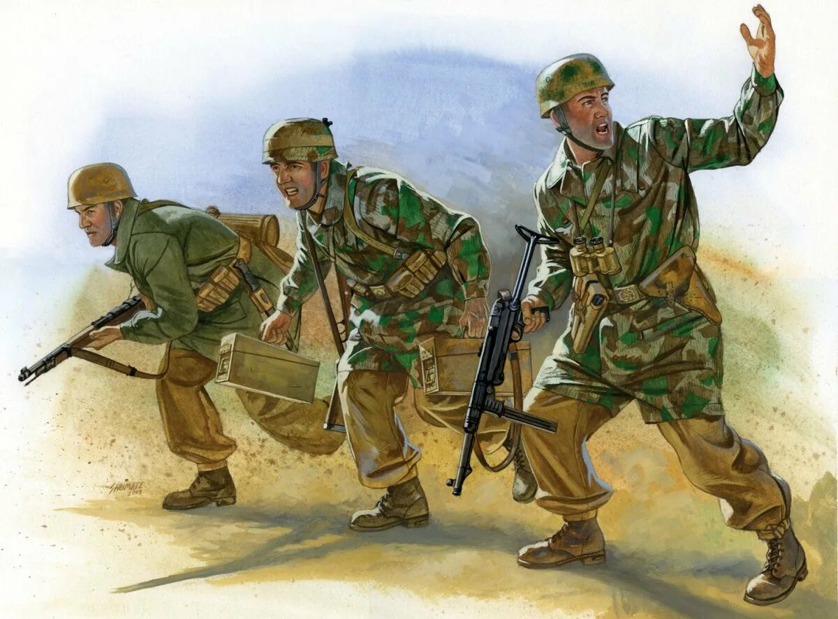 Солдаты их было трое. Художник Джонни шумейт. Немецкие парашютисты второй мировой войны. Военная пехота.
