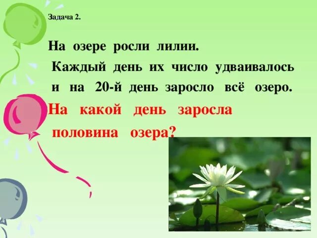 Задачи про озеро. На озере росли лилии. На озере росли лилии, каждый день ихчисло. Расти каждый день. В пруду растет один лист лилии каждый день их число удваивалось.