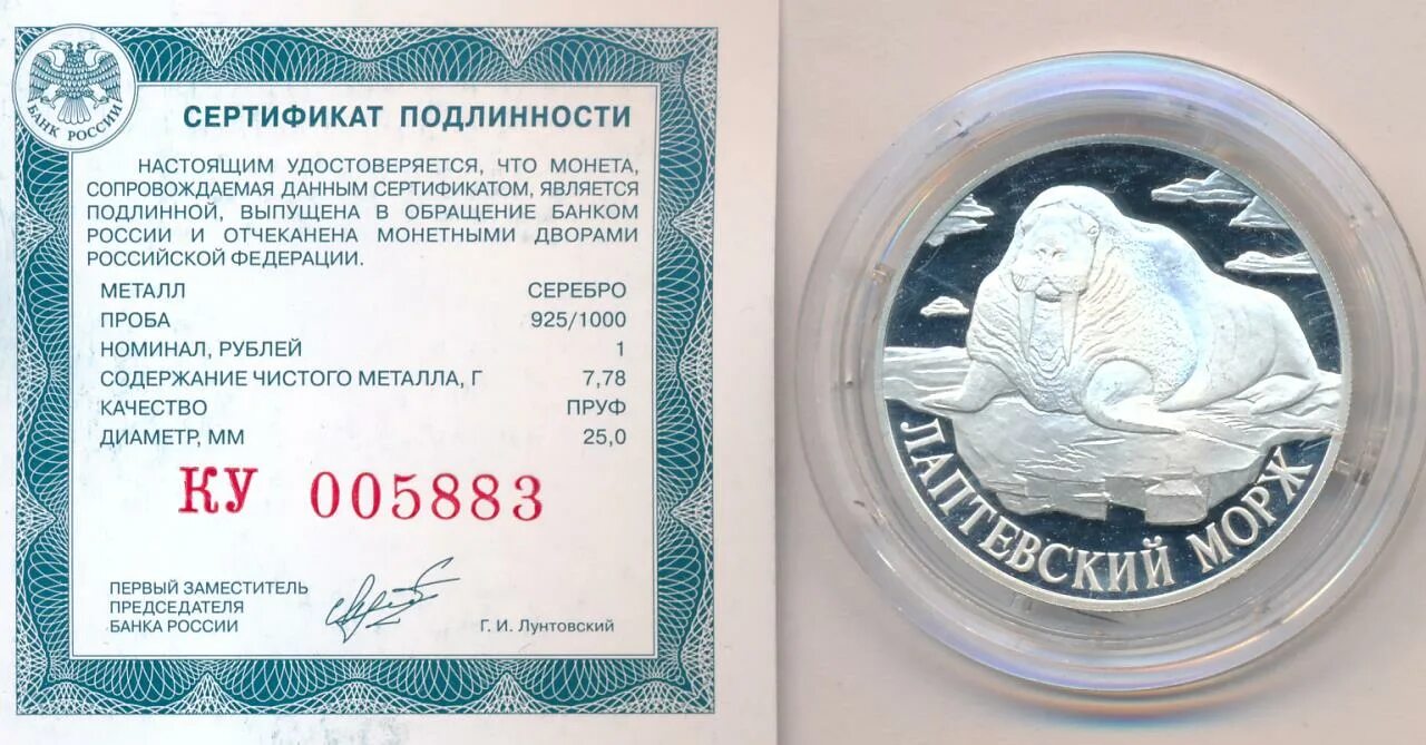 Сертификат подлинности монеты. 1 Рубль Лаптевский морж. 1 Рубль 1998 СПМД. Сертификат подлинности монеты СПМД.