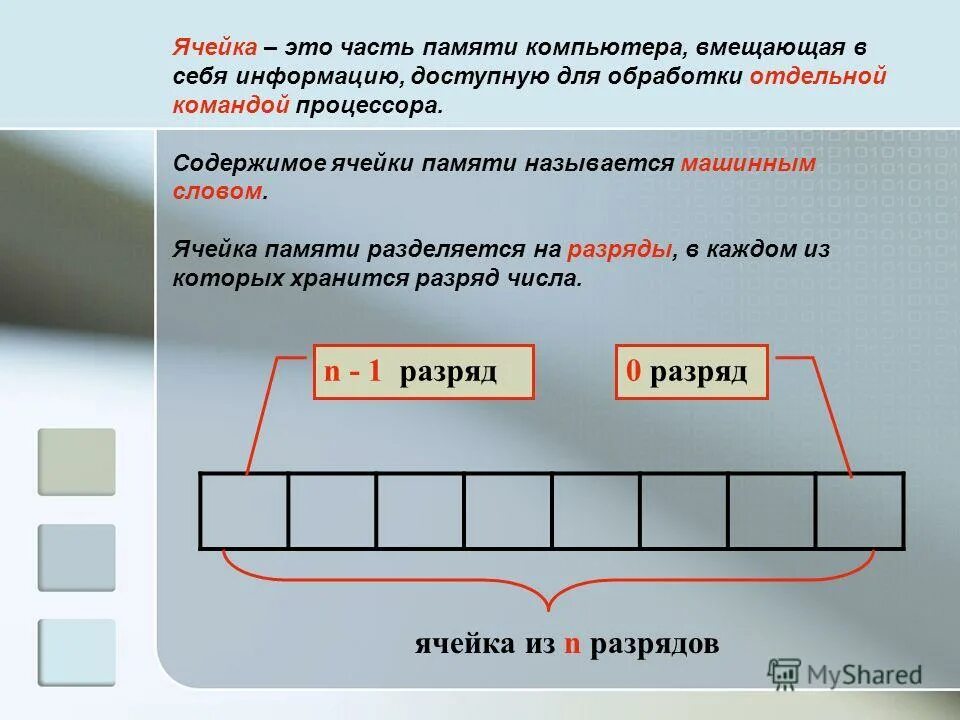 Памяти компьютера представление информации. Ячейка памяти. Ячейки памяти компьютера. Разряды ячеек памяти.