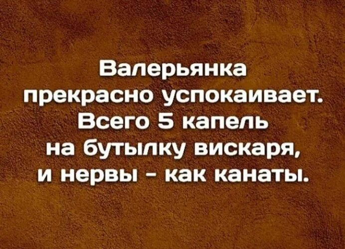 Сколько нужно валерьянки чтобы успокоиться. Пять капель на бутылку вискаря и нервы как канаты. Валерьянка прекрасно успокаивает. Валерьянка прекрасно успокаивает всего 5 капель на бутылку вискаря. Валерьянка прекрасно успокаивает нервы.