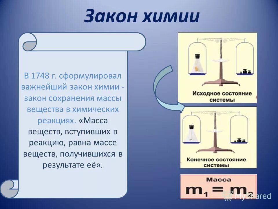 Масса вещества вступивших в реакцию равна