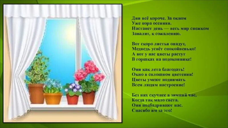 За окном уже пора. Цветная сказка комнатного сада. «А У нас за окном…» Проект. А У нас на подоконнике стихи.