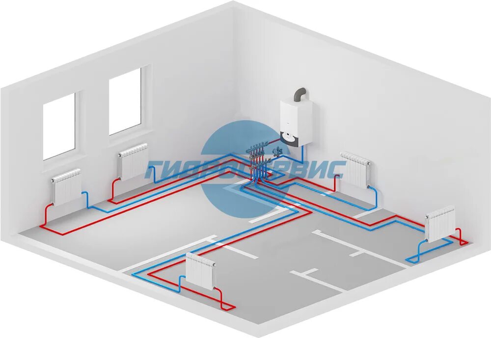 Отопление общежитий. Система отопления тёплого водяного пола. Лучевая система теплого водяного пола. Система отопления теплый пол водяной. Коллекторно-лучевая система отопления.