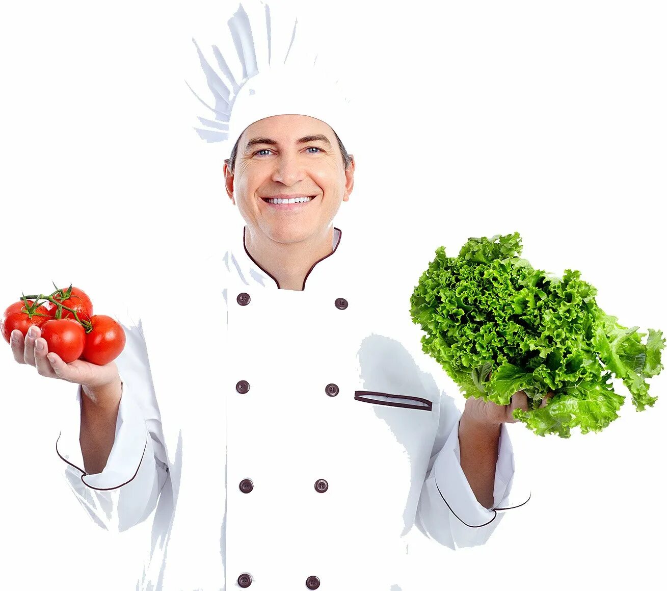 Повар с блюдом в руках. Повар с овощами. Шеф повар на белом фоне.