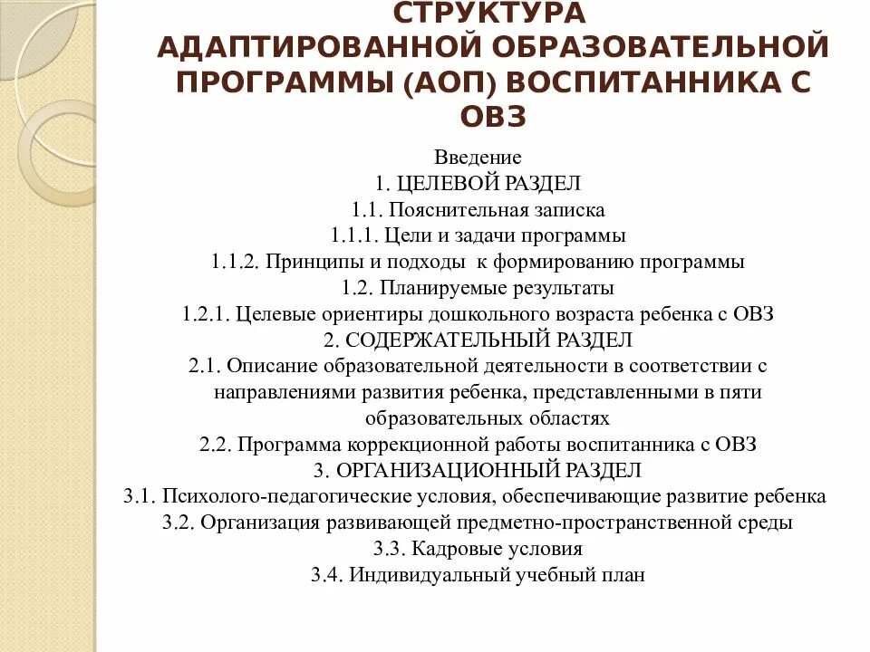 Аоп 5. Структура образовательной программы. Адаптивная образовательная программа разрабатывается для. Структура АОП для детей с ОВЗ В ДОУ. Программы для детей с ОВЗ.