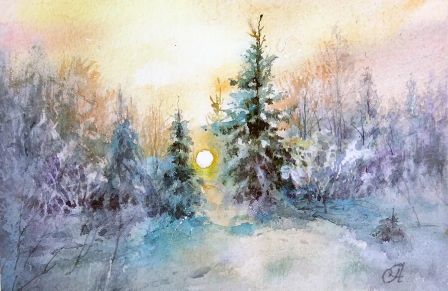 лес зимой акварель. анастасия беседина картины художника пейзажи. зимний лес акварель. зимний лес акварель. анастасия беседина художник зимние пейзажи.