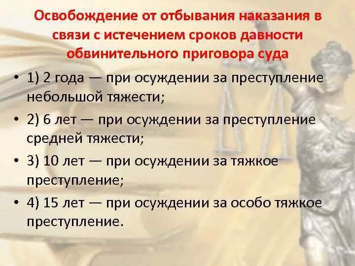 Истечение сроков давности наказания. Освобождение от наказания в связи с истечением сроков давности. Истечение сроков давности обвинительного приговора. Срок давности обвинительного приговора.