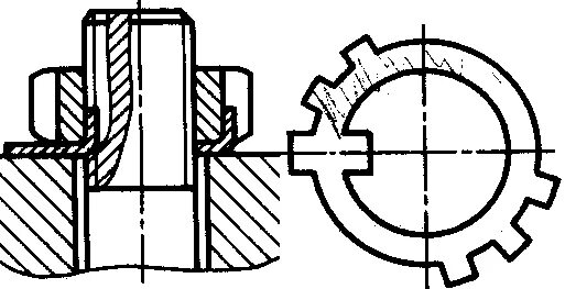Шлицевая гайка и стопорная шайба. Шайба стопорная многолапчатая на валу. Стопорение шлицевых гаек. Стопорение на валу.
