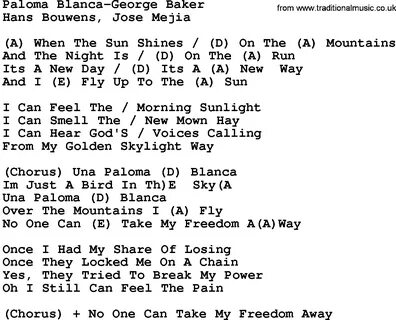 Download Paloma Blanca-George Baker lyrics and chords as PDF file. 