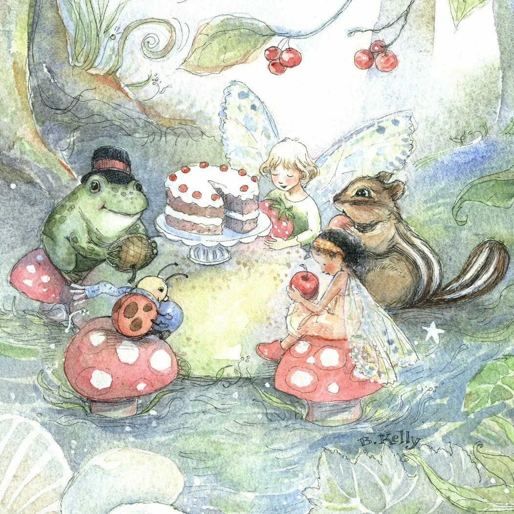 Сказка день рождения детям. Сказочные открытки с днем рождения. Лесное чаепитие. Лесное чаепитие иллюстрации. Чаепитие в сказочном лесу.