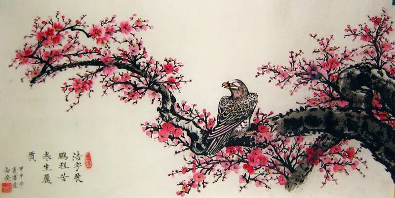 Гохуа китайская живопись Сакура. Традиционная китайская живопись гохуа. Японские мотивы. Китайская живопись цветы.