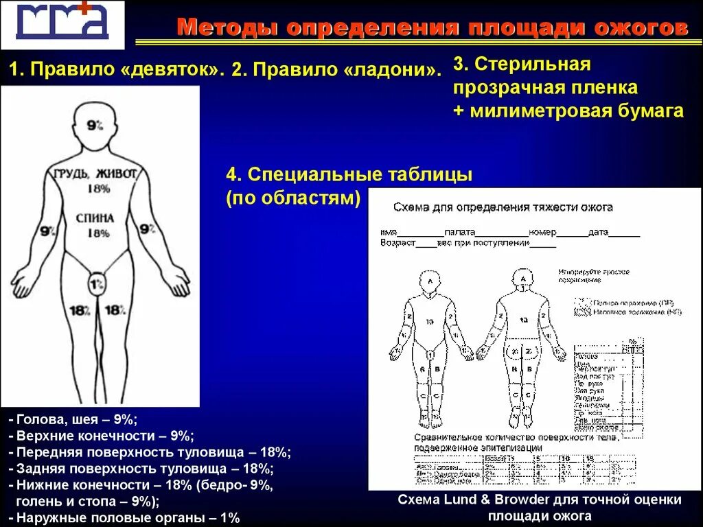 Опасные для жизни ожоги площадью. Определение площади поражения при отморожении. Методики определения площади ожогов.