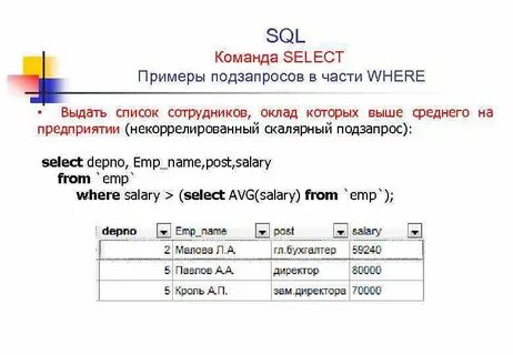 Примеры команд sql