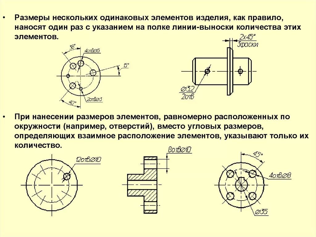 Размеры отверстий по окружности на чертеже. Обозначение размеров окружности на чертеже. Нанесение размеров нескольких одинаковых элементов (отверстий, фасок. Нанесение размеров окружностей на чертежах.