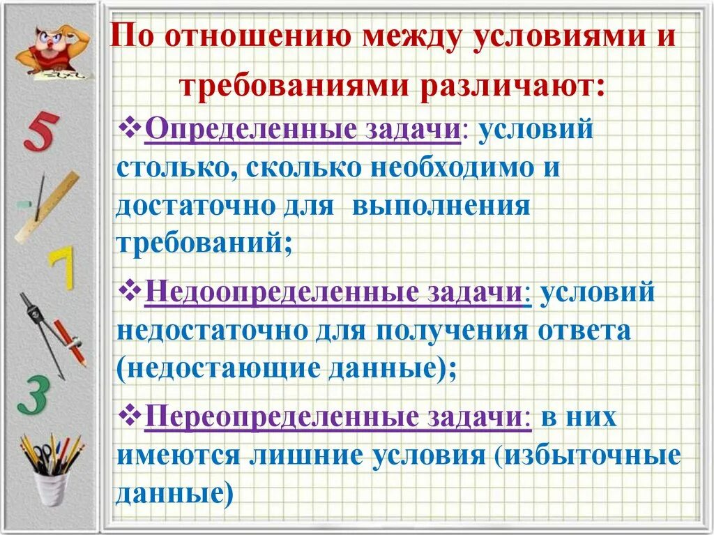 По отношению между условиями и требованиями различают. Условие и требование задачи. Недоопределенные задачи. Переопределенные задачи.