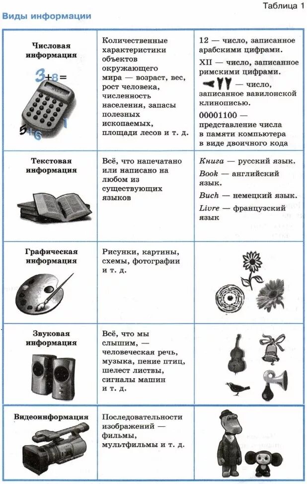 Информатика модуль 5. Виды информации в информатике 5 класс таблица. Таблица информация формы представления свойства. Виды информации 5 класс. Виды информации по представлению.