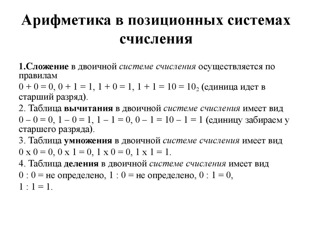 Правила арифметических операций. Арифметические операции в позиционных системах счисления. Арифметические операции в различных позиционных системах счисления. Арифметические операции над системами счислений.. Арифметическая операция в информатике вычитание.