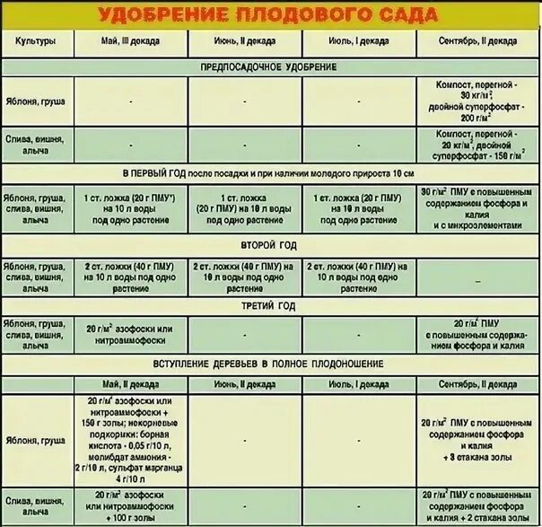 Таблица внесения удобрений под плодовые деревья. Таблица весенней подкормки плодовых деревьев. График подкормки плодовых деревьев и кустарников весной. Таблица внесения удобрений для плодовых деревьев.