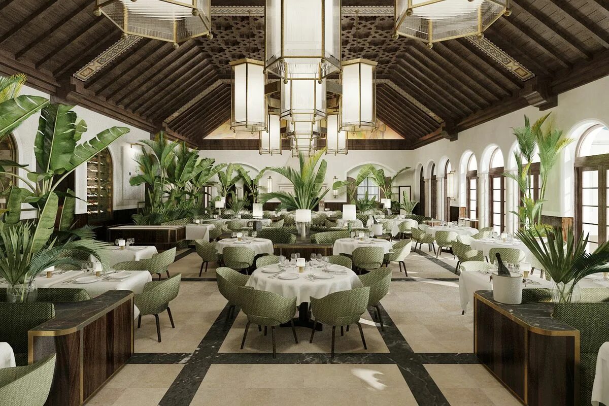 Отель le Sirenuse. Элитный ресторан. Пальма в интерьере кафе. Интерьер ресторана в гостинице.